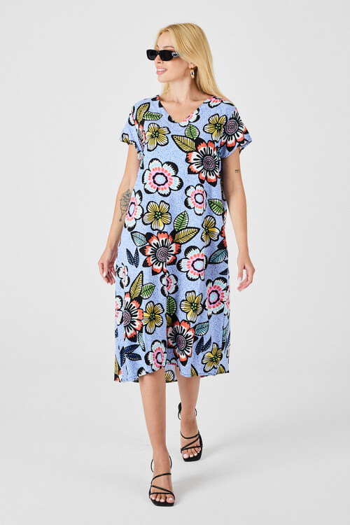 Bebe Mavi Derin V Yaka Çiçek Desenli Midi Boy Elbise