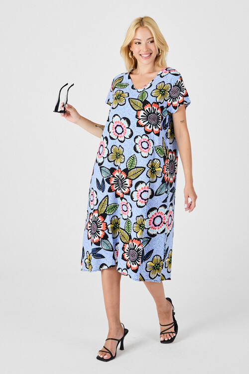 Bebe Mavi Derin V Yaka Çiçek Desenli Midi Boy Elbise