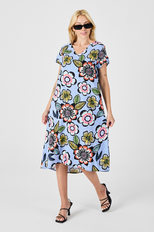 Bebe Mavi Derin V Yaka Çiçek Desenli Midi Boy Elbise