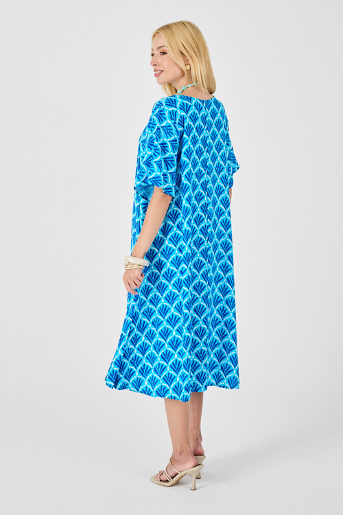 Bebe Mavi U Yaka Kısa Kollu Midi Boy Desenli Elbise