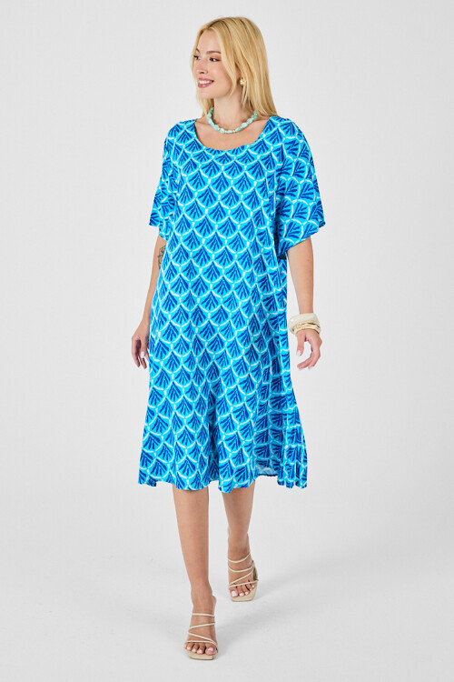 Bebe Mavi U Yaka Kısa Kollu Midi Boy Desenli Elbise