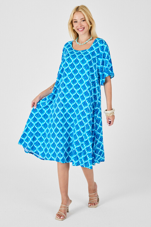 Bebe Mavi U Yaka Kısa Kollu Midi Boy Desenli Elbise