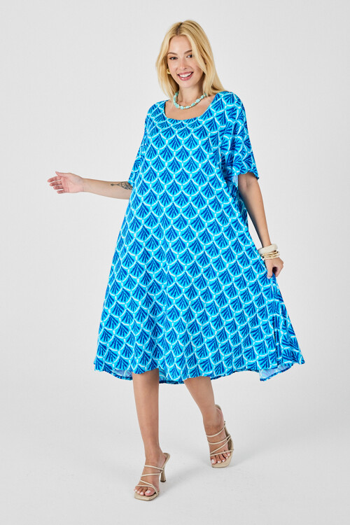 Bebe Mavi U Yaka Kısa Kollu Midi Boy Desenli Elbise