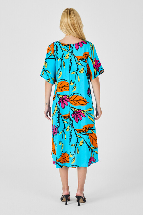 Bebe Mavi Yaprak Desenli U Yaka Kısa Kollu Midi Boy Elbise