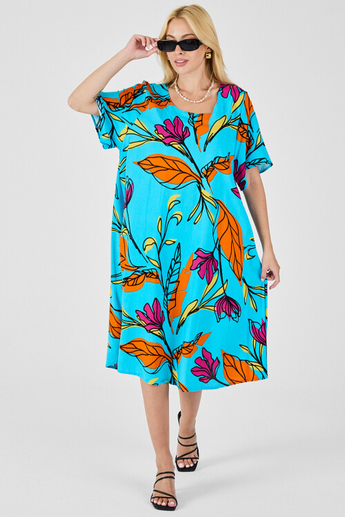 Bebe Mavi Yaprak Desenli U Yaka Kısa Kollu Midi Boy Elbise