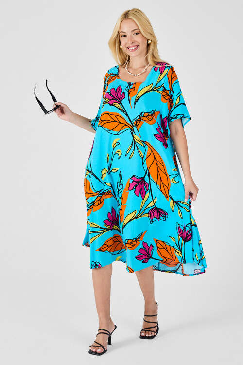 Bebe Mavi Yaprak Desenli U Yaka Kısa Kollu Midi Boy Elbise