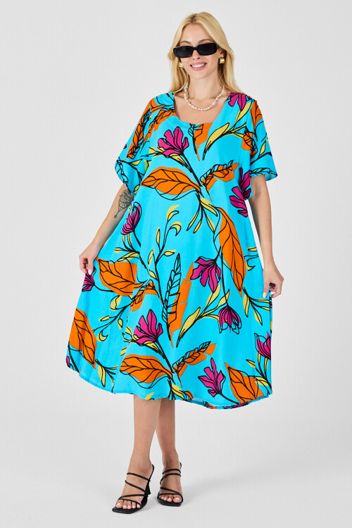 Bebe Mavi Yaprak Desenli U Yaka Kısa Kollu Midi Boy Elbise