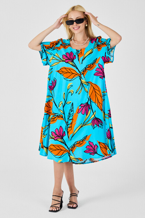 Bebe Mavi Yaprak Desenli U Yaka Kısa Kollu Midi Boy Elbise