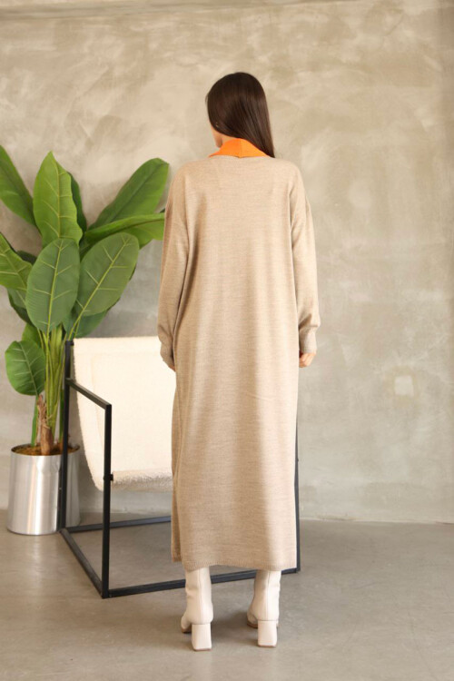 Bej Bisiklet Yaka Elbise Ve Hırka Tesettür Alt Üst Takım BCES-252024