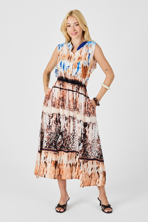 Bej Çentik Yaka Düğmeli Desenli Kolsuz Midi Elbise