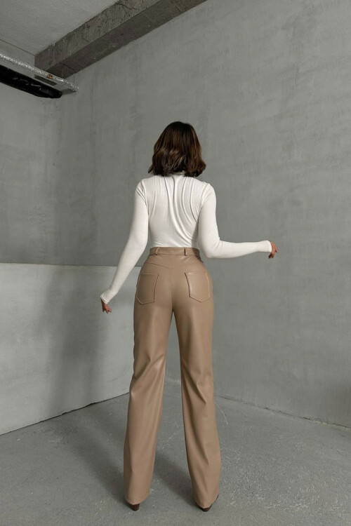 Bej Çift Cepli Fit Kesim Suni Deri Pantolon BCHN-25267542