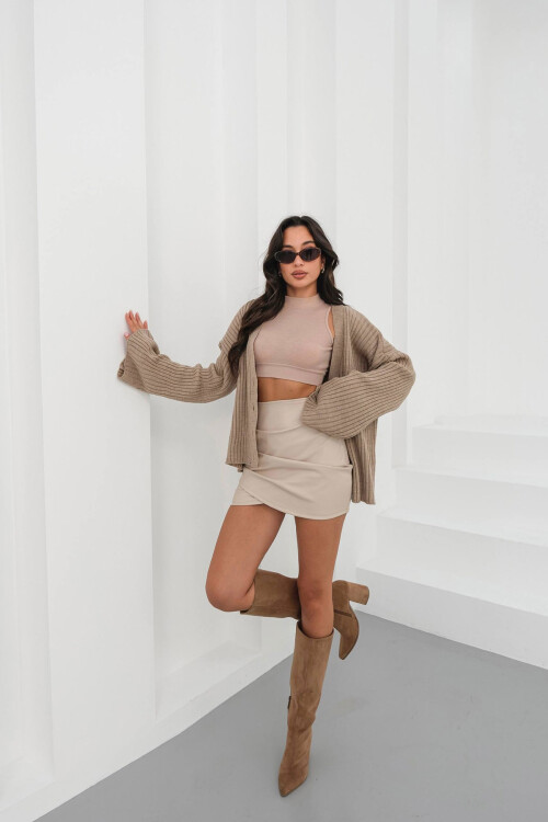 Bej Drapeli Deri Etek BC231013