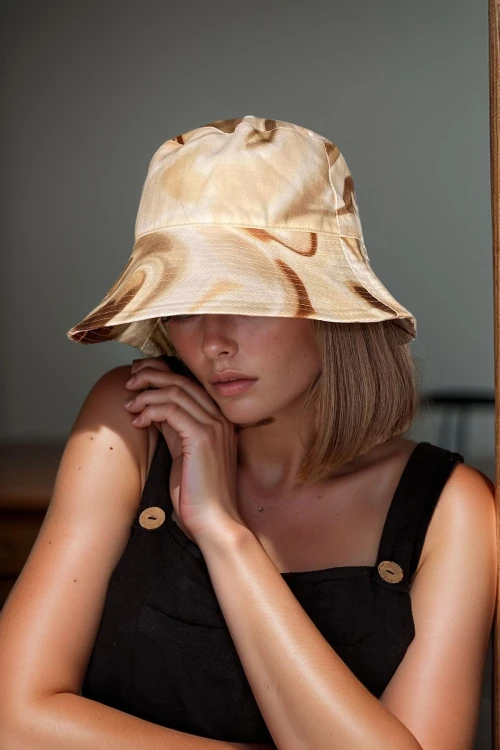 Bej Geniş Siperli Batik Desenli Bucket Şapka BCNSV-2514291