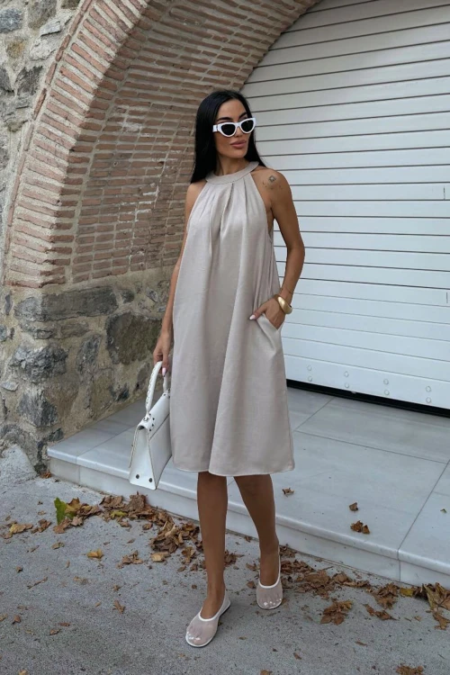 Bej Gizli Cepli Yazlık Keten Dokuma Elbise BCDF-25255029