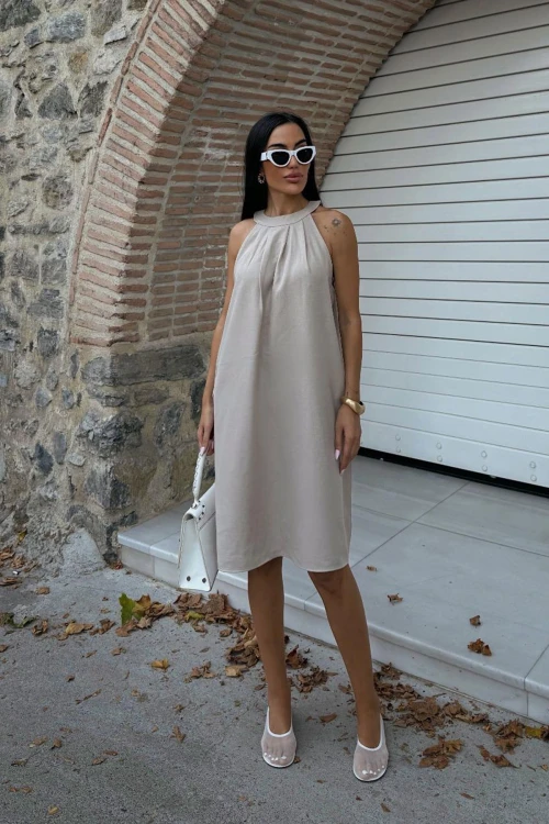 Bej Gizli Cepli Yazlık Keten Dokuma Elbise BCDF-25255029