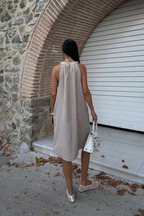 Bej Gizli Cepli Yazlık Keten Dokuma Elbise BCDF-25255029