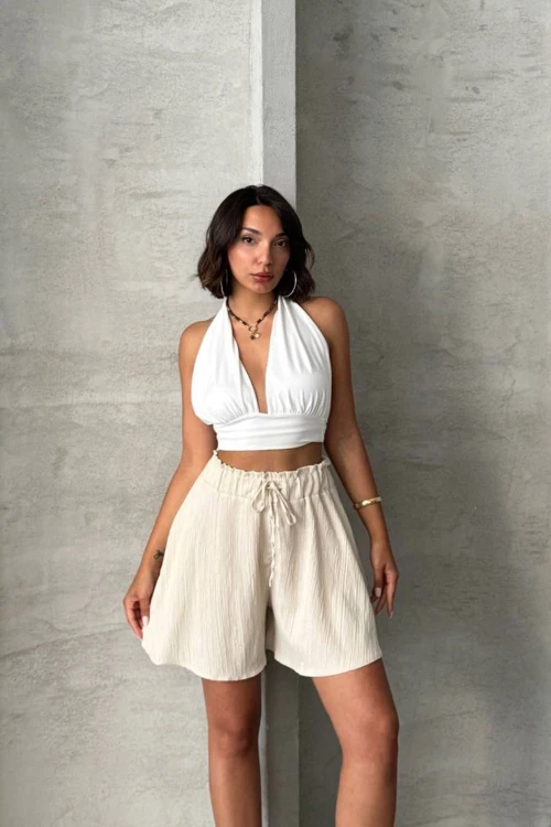 Bej Volanlı Rahat Kalıp Beli Lastikli Keten Şort BCHN-25255058