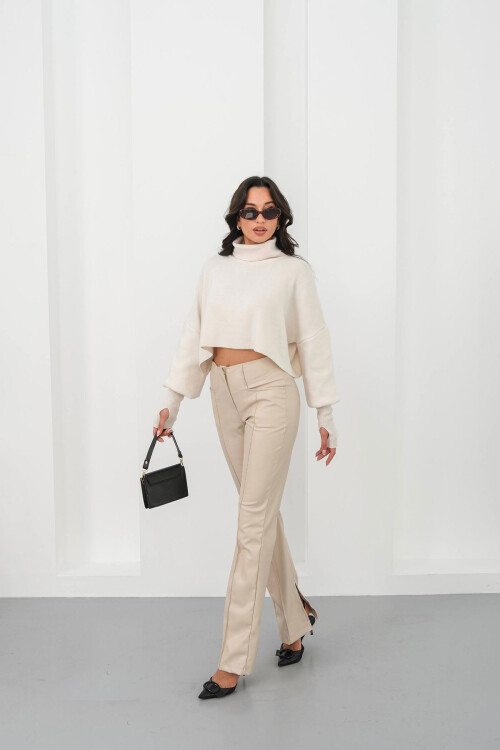 Bej Yüksek Bel Yırtmaçlı Suni Deri Pantolon BCHN-25265099