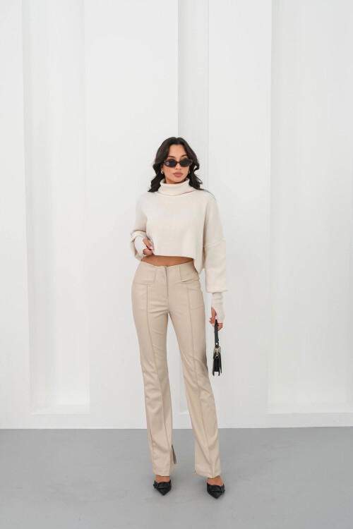 Bej Yüksek Bel Yırtmaçlı Suni Deri Pantolon BCHN-25265099