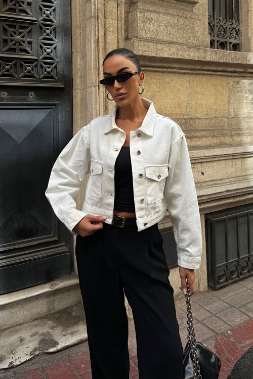 Beyaz Çift Cep Denim Crop Ceket BCDF-255419