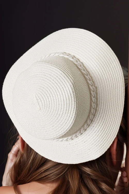 Beyaz Zincirli Geniş Hasır Şapka BCNSV-2514391