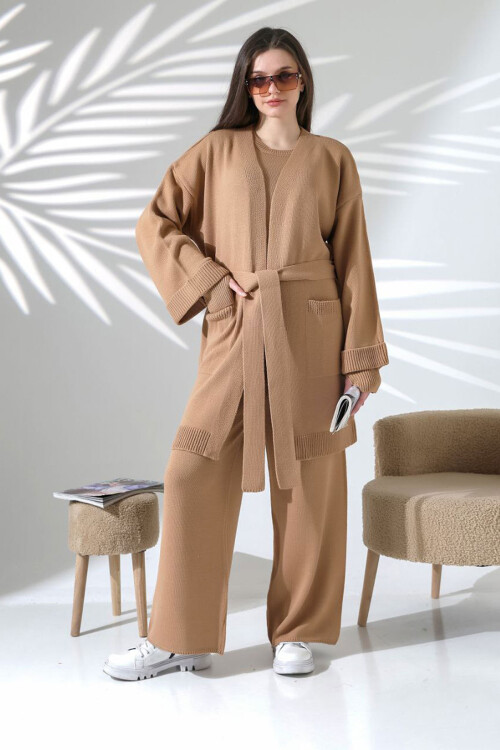 Bisküvi Bisiklet Yaka Bluz, Hırka Ve Pantolon 3 Lü Triko Takım BCES-252041