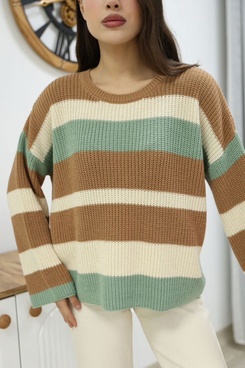 Bisküvi Bisiklet Yaka Çizgi Desenli Triko Kazak BCES-252006