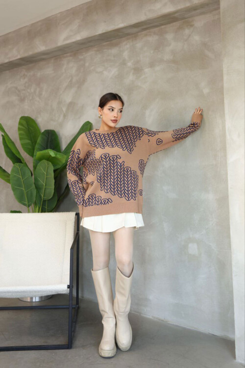 Bisküvi Bisiklet Yaka Desenli Triko Kazak BCES-252046