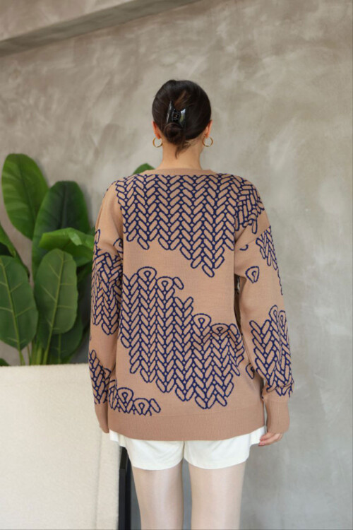Bisküvi Bisiklet Yaka Desenli Triko Kazak BCES-252046