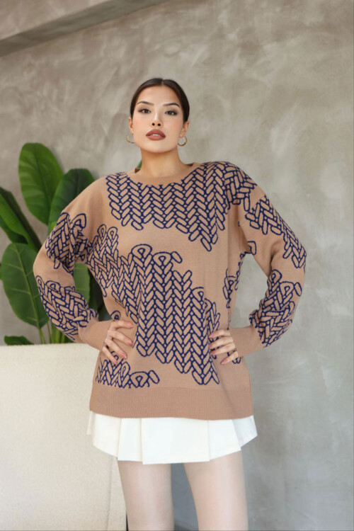 Bisküvi Bisiklet Yaka Desenli Triko Kazak BCES-252046