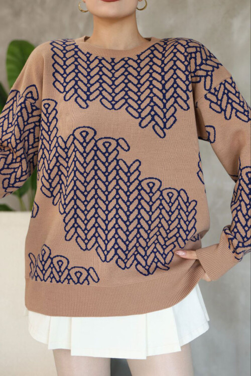 Bisküvi Bisiklet Yaka Desenli Triko Kazak BCES-252046