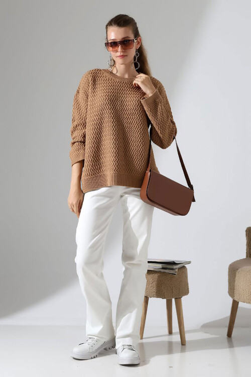 Bisküvi Bisiklet Yaka Su Yolu Desenli Triko Kazak BCES-252008