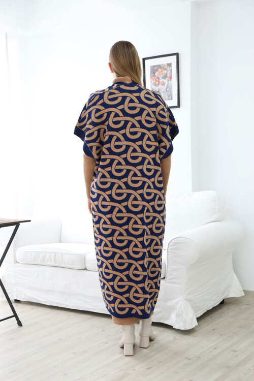 Bisküvi Boğazlı Triko Elbise Ve Uzun Desenli Hırka Alt Üst Takım BCES-252040