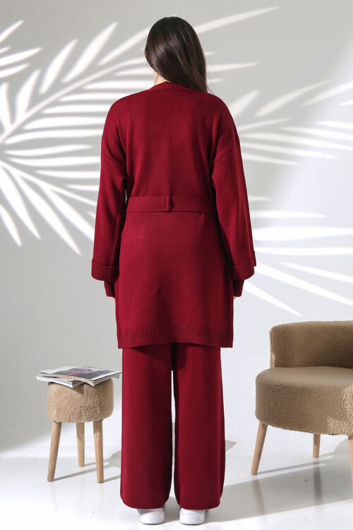 Bordo Bisiklet Yaka Bluz, Hırka Ve Pantolon 3 Lü Triko Takım BCES-252041