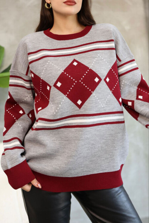 Bordo Bisiklet Yaka Desenli Triko Kazak BCES-252015