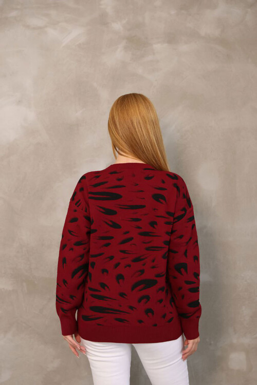 Bordo Bisiklet Yaka Desenli Triko Kazak BCES-252032