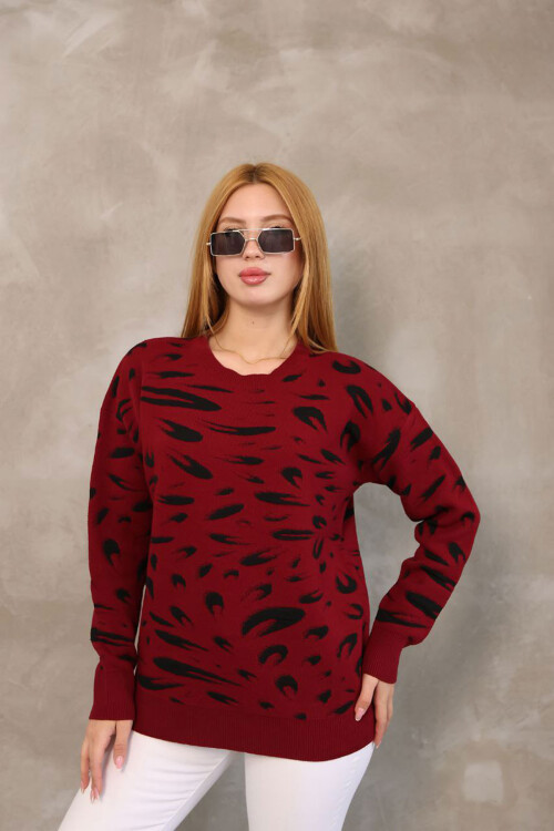 Bordo Bisiklet Yaka Desenli Triko Kazak BCES-252032