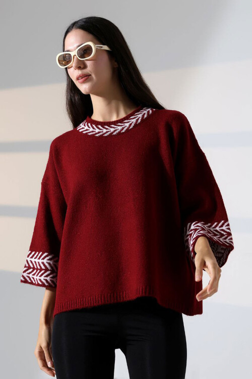 Bordo Bisiklet Yaka Desenli Triko Kazak BCES-252038