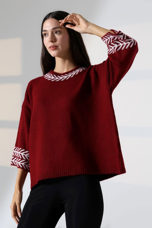 Bordo Bisiklet Yaka Desenli Triko Kazak BCES-252038