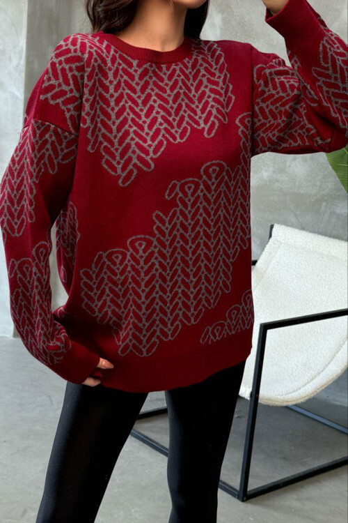 Bordo Bisiklet Yaka Desenli Triko Kazak BCES-252046