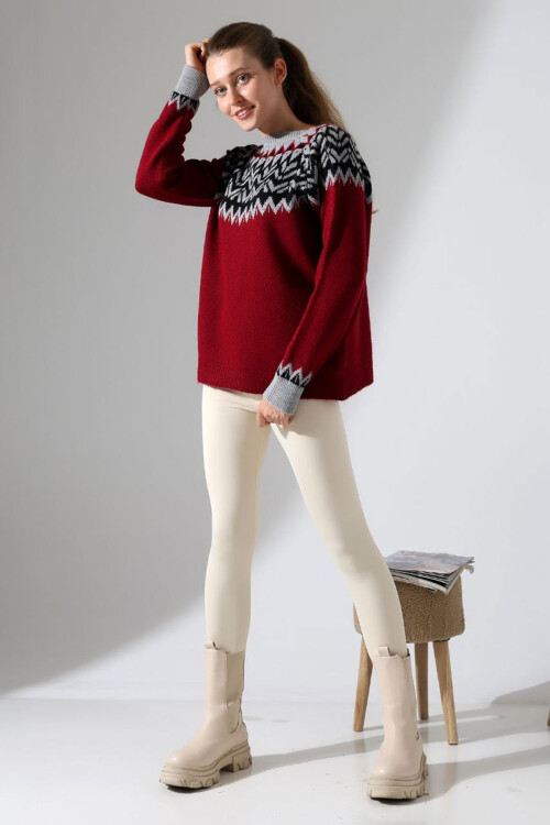 Bordo Bisiklet Yaka Kar Desenli Triko Kazak BCES-252028