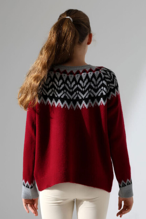 Bordo Bisiklet Yaka Kar Desenli Triko Kazak BCES-252028