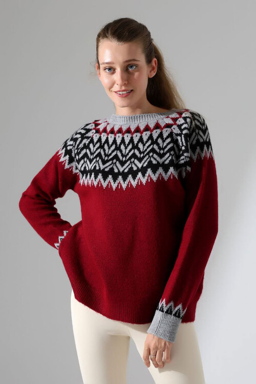 Bordo Bisiklet Yaka Kar Desenli Triko Kazak BCES-252028