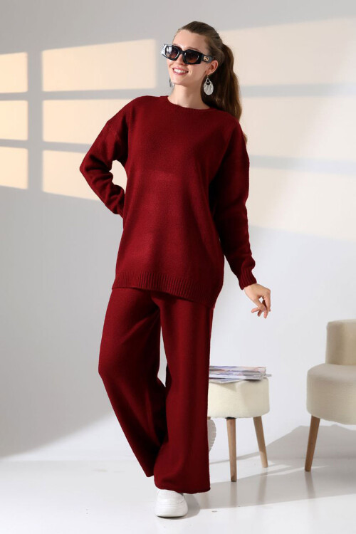 Bordo Bisiklet Yaka Kazak Ve Geniş Paça Pantolon Alt Üst Triko Takım BCES-252005