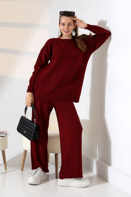 Bordo Bisiklet Yaka Kazak Ve Geniş Paça Pantolon Alt Üst Triko Takım BCES-252005