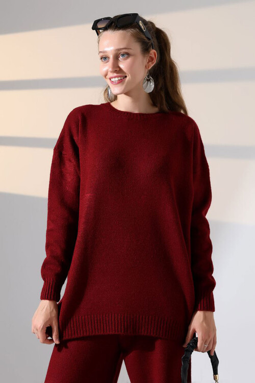 Bordo Bisiklet Yaka Kazak Ve Geniş Paça Pantolon Alt Üst Triko Takım BCES-252005