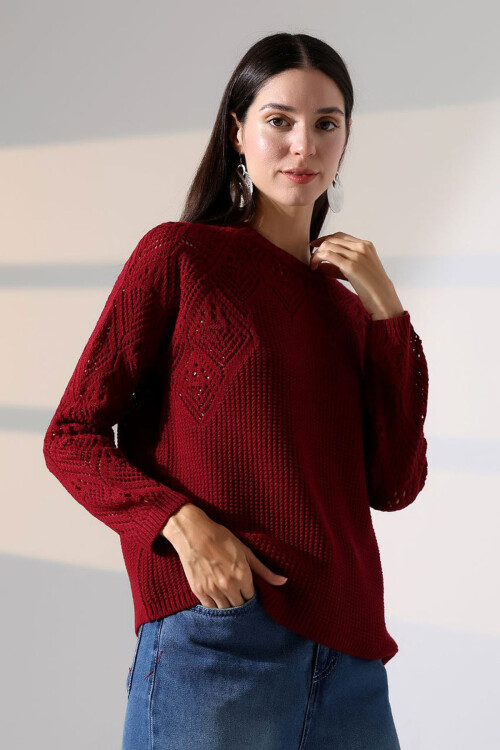 Bordo Bisiklet Yaka Motif İşlemeli Triko Kazak BCES-252036