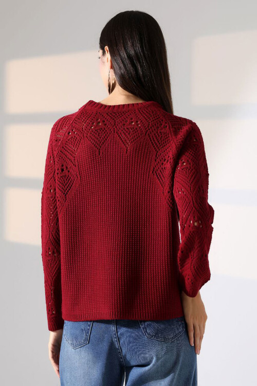 Bordo Bisiklet Yaka Motif İşlemeli Triko Kazak BCES-252036