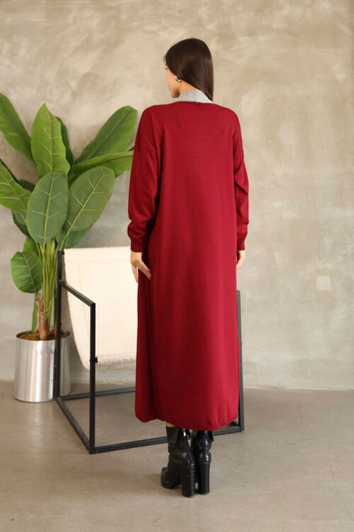 Bordo Bisiklet Yaka Elbise Ve Hırka Tesettür Alt Üst Takım BCES-252024