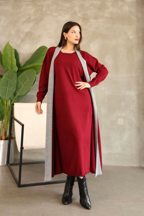 Bordo Bisiklet Yaka Elbise Ve Hırka Tesettür Alt Üst Takım BCES-252024